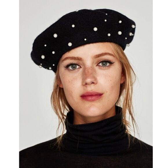 Zara Black Wool Beret with Faux Pearl Embellishments Womens Small/Medium Hat - Picture 1 of 8